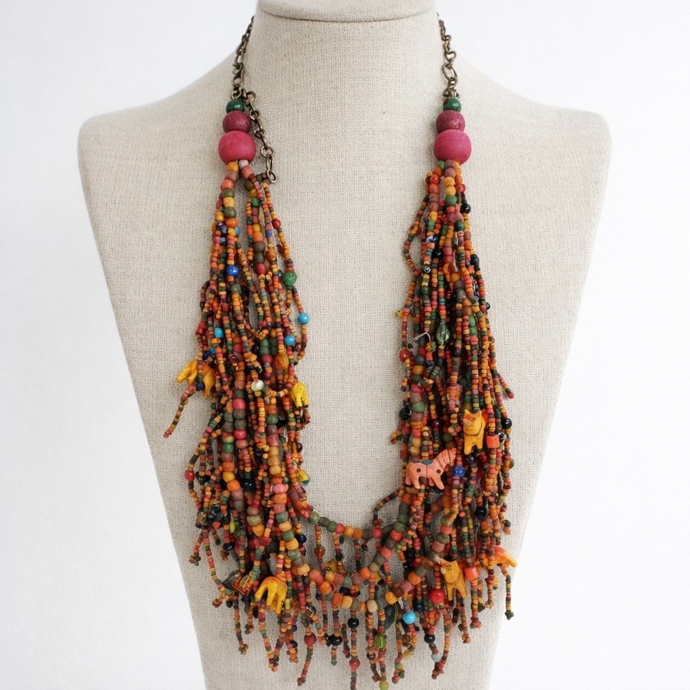 African Trade Bead Necklace Multi Strand Wood Animal Fringe Statement
